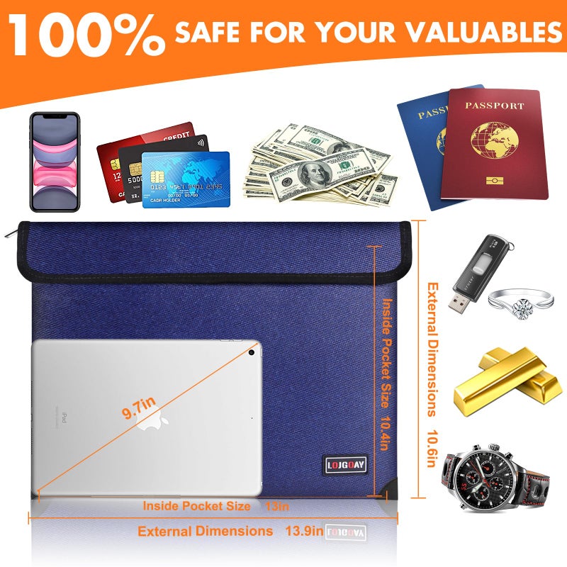 LOJGOAY Fireproof Bag with 5200? Thermal Insulated  Waterproof Fireproof Box with Zipper  Fireproof Money Bag for Cash  Fireproof Safe Bags for Home Safe Bank Valuable Documents (13.9""x10.6""  Blue) - Image 5